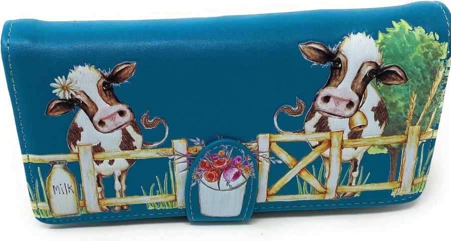 Shag Wear Wallets | Shag Wear Barnyard Cows Large Animal Wallet For Women Vegan Faux Leather 7\" Teal