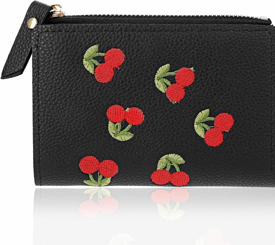 TIESOME Wallets | Tiesome Women'S Wallets, Short Cherry Embroidery Trend Ladies Small Wallets, Cute Small Wallets For Girls Leather Zipper Wallets (Black)