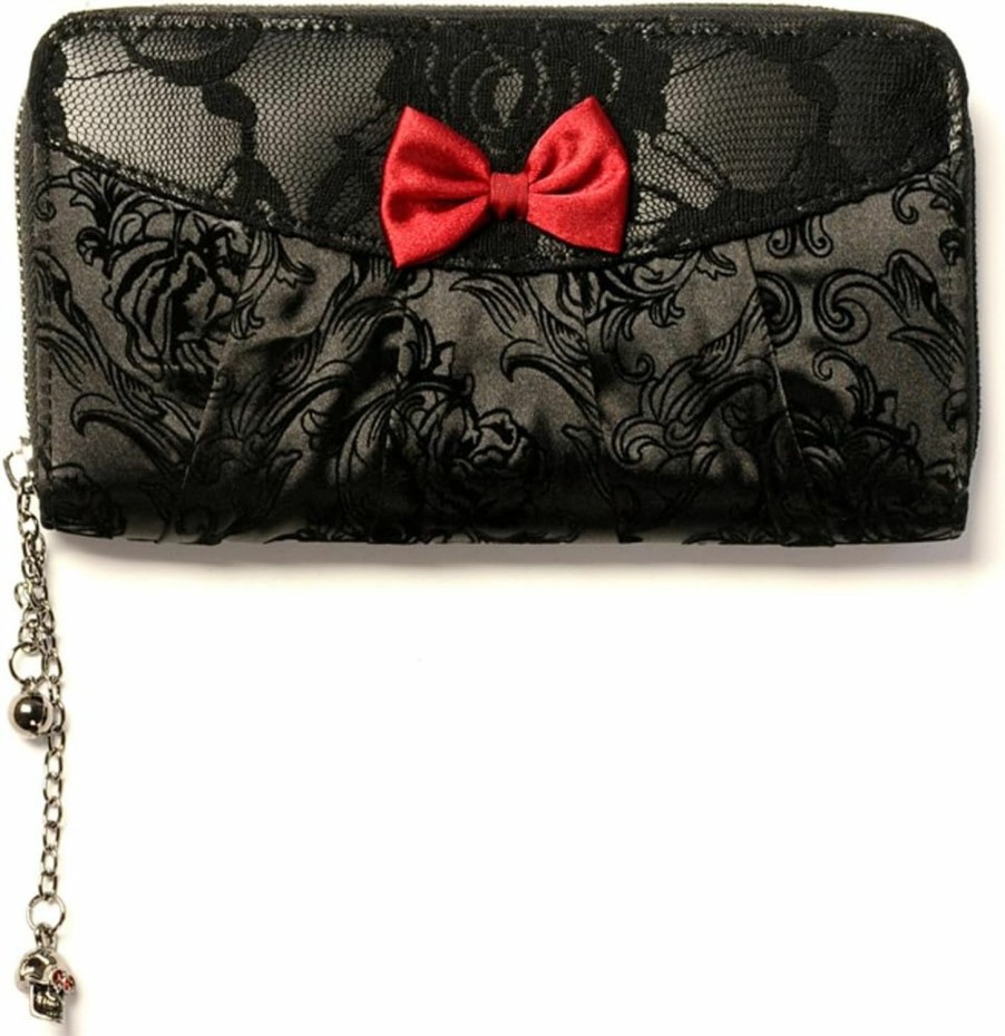 Lost Queen Wallets | Lost Queen Victorian Gothic Princess Velvet Skull Flocked With Bows Zip Around Wallet