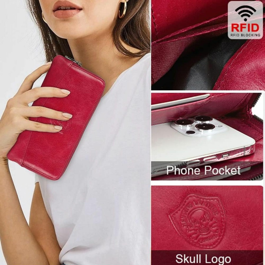 Contacts Wallets | Contacts Skull Wallet For Women Leather Clutch Wallets Gothic Zipper Card Holder Passpost Phone Purse With Rfid Blocking (Red)