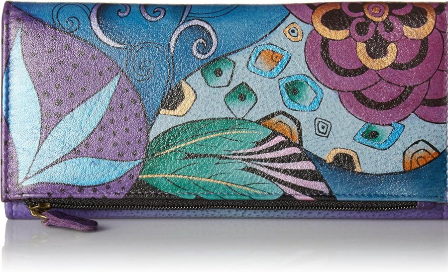 Anna by Anuschka Wallets | Anna By Anuschka Women'S Hand-Painted Genuine Leather Three Fold Clutch - Tribal Potpourri Eggplant