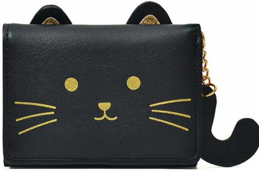 VOVEWAN Wallets | Vovewan Fashion Girls Cute 3D Cat Trifold Glitter Ears Wallet With Tail Pu Leather Wallet Coin Purse Id/Photo Window Credit Card Holder With Zipper Pocket (Black)