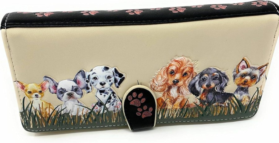 Shag Wear Wallets | Shag Wear Puppy Dog Love Large Animal Wallet For Women Vegan Faux Leather Beige 7\"