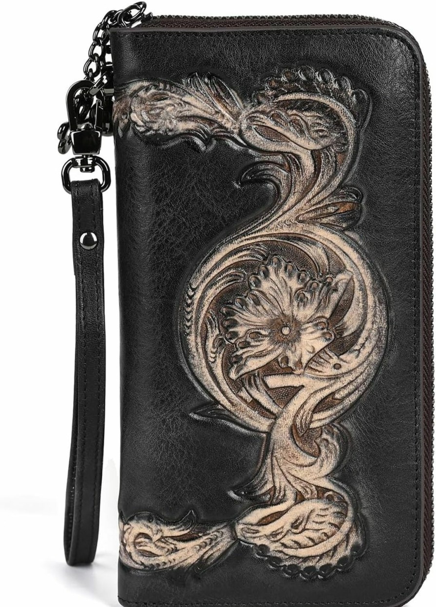 AEGGEAI Wallets | Aeggeai Genuine Leather Women'S Wallet Flower Pattern Wristlet Long Wallet Card Holder (Black)