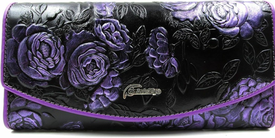 ArtsEye Wallets | Artseye Roses Embossed Genuine Leather Trifold Wallet Purse (Purple)