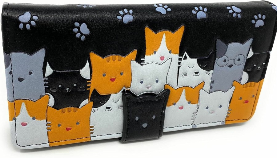 Shag Wear Wallets | Shag Wear Kitty Cat Crowd Chic Large Animal Wallet For Women And Teen Girls Vegan Faux Leather Black 7\"