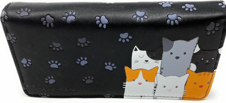 Shag Wear Wallets | Shag Wear Kitty Cat Crowd Chic Large Animal Wallet For Women And Teen Girls Vegan Faux Leather Black 7\"