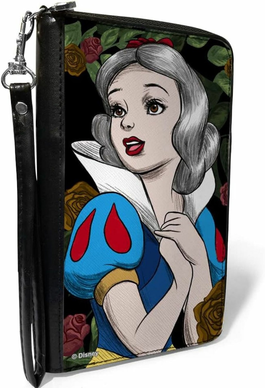 Buckle-Down Wallets | Disney Wallet, Zip Around, Snow White Pose Sketch Roses Black Greens Reds Golds, Vegan Leather