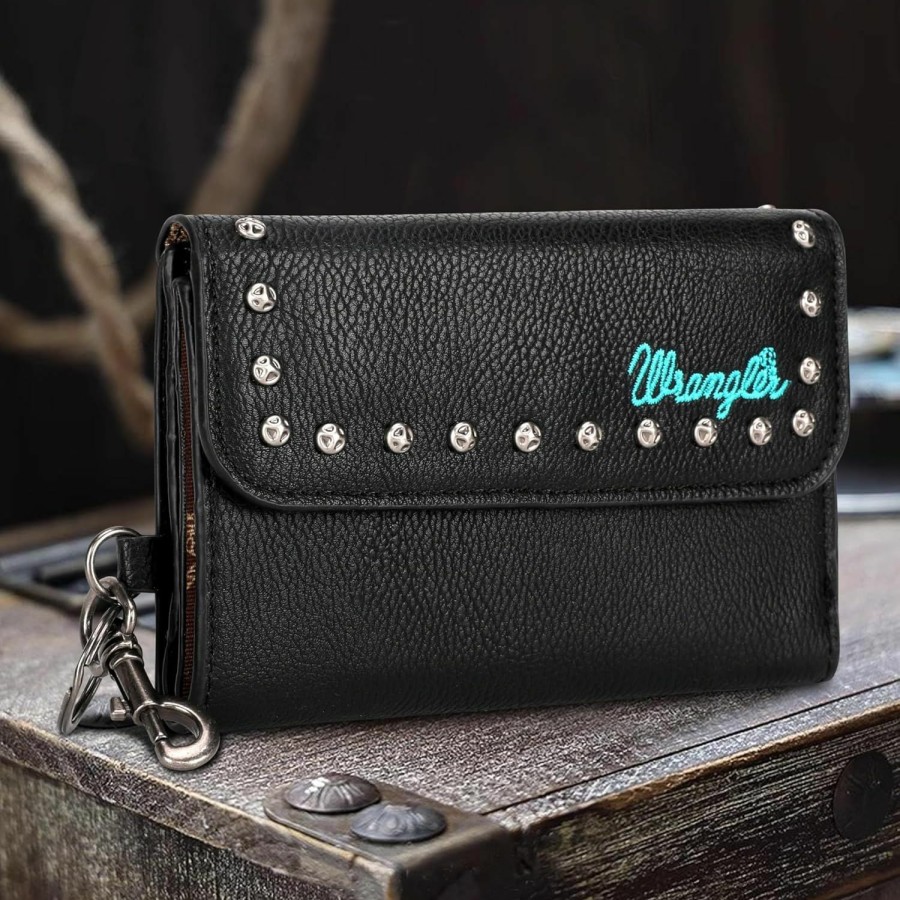 Wrangler Wallets | Wrangler Wallet For Women Slim Trifold Studded Accents Key Chain Wallet Vegan Leather Wg64-W001Br