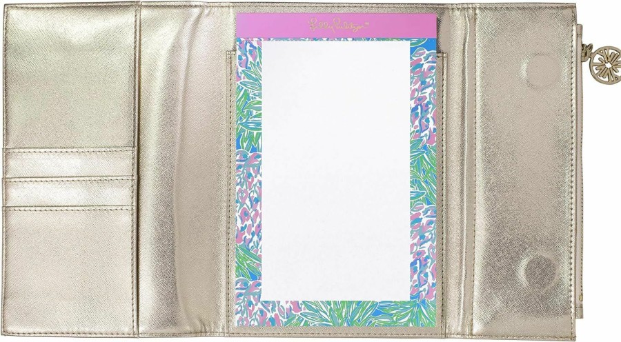 Lilly Pulitzer Wallets | Lilly Pulitzer Women'S Vegan Leather Gold Clutch Purse, Travel Wallet With Pocket Notepad, Metallic Gold