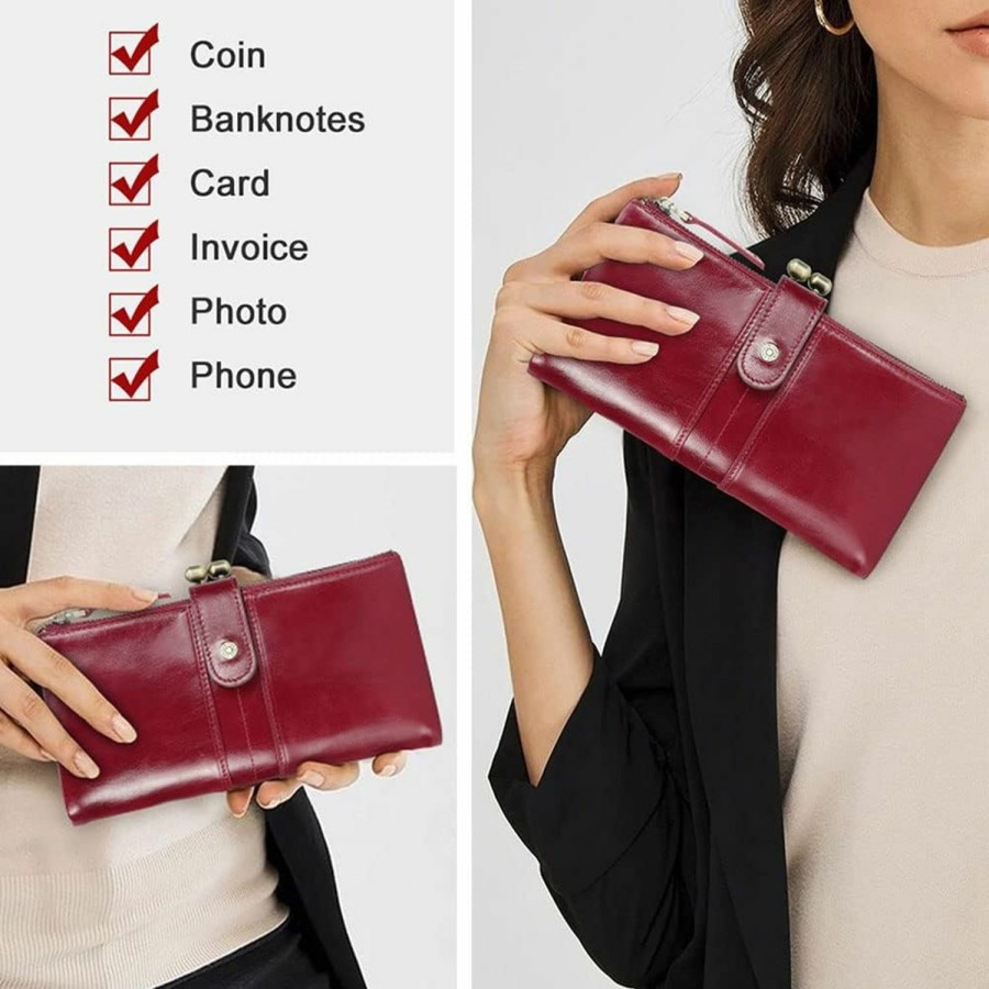 Contacts Wallets | Contacts Kiss Lock Wallet For Women Leather, Kiss Clasp Wallet Coin Card Purse Rfid Clutch Wallet Zipper Red Vintage Phone Holder