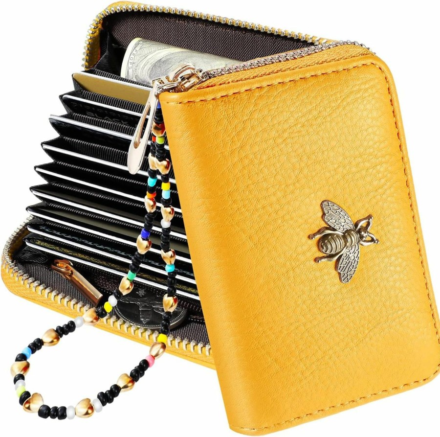 Bistup Wallets | Credit Card Holder Wallet Case Womens Teen Girls Ladies Female Bee Genuine Cowhide Leather Small Yellow Rfid Blocking Wallets With Detachable Beaded Chain Zipper Around