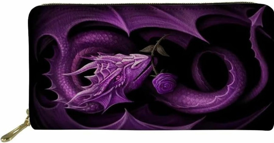 GIFTPUZZ Wallets | Giftpuzz Womens Wallet Purple Dragon Pu Leather Multi-Use Card Cash Holder Rfid Blocking Long Wallet