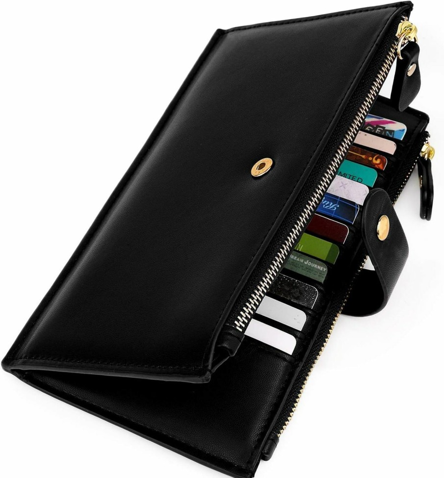 UTO Wallets | Uto Wallet For Women Leather Vegan 23 Slots Card Doulbe Zipper Pockets Large Phone Holder Organizer Black