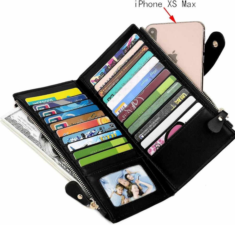 UTO Wallets | Uto Wallet For Women Leather Vegan 23 Slots Card Doulbe Zipper Pockets Large Phone Holder Organizer Black