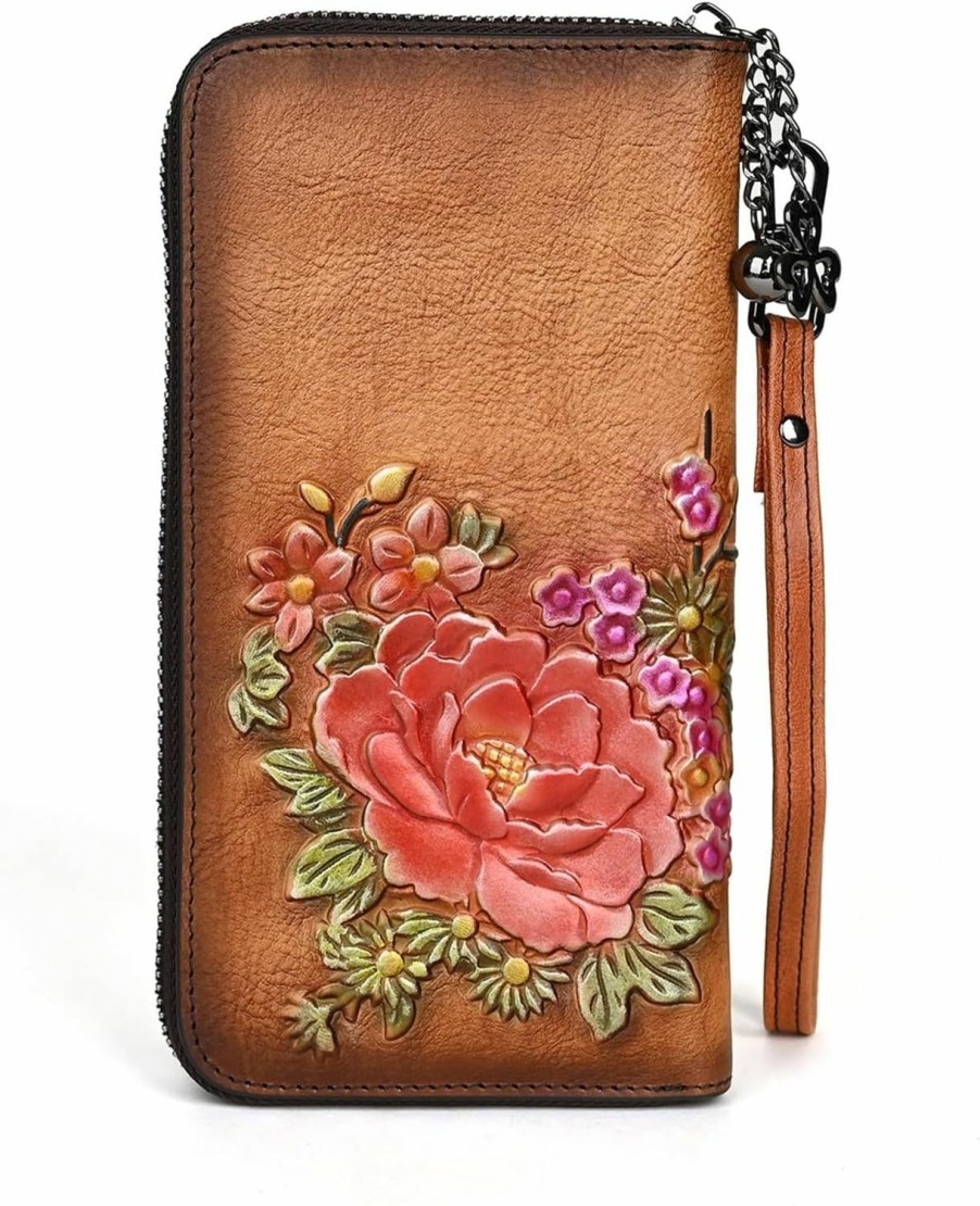 AEGGEAI Wallets | Aeggeai Embossing Purses For Women, Genuine Leather Long Wallet Vintage Floral Zipper Clutch Large Capacity (Brown)