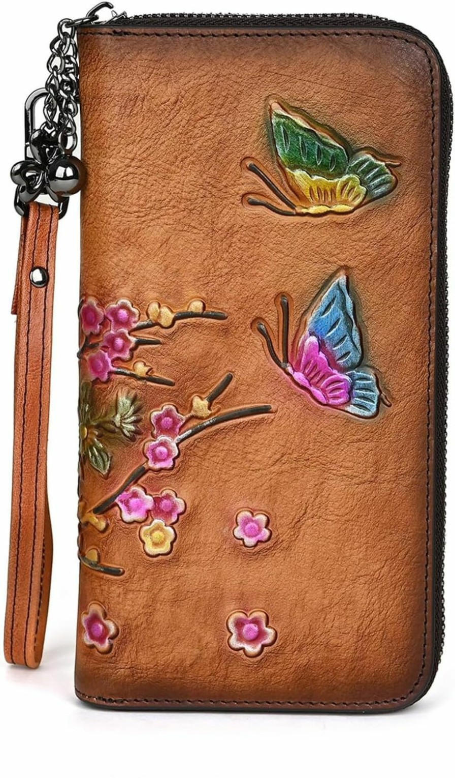 AEGGEAI Wallets | Aeggeai Embossing Purses For Women, Genuine Leather Long Wallet Vintage Floral Zipper Clutch Large Capacity (Brown)