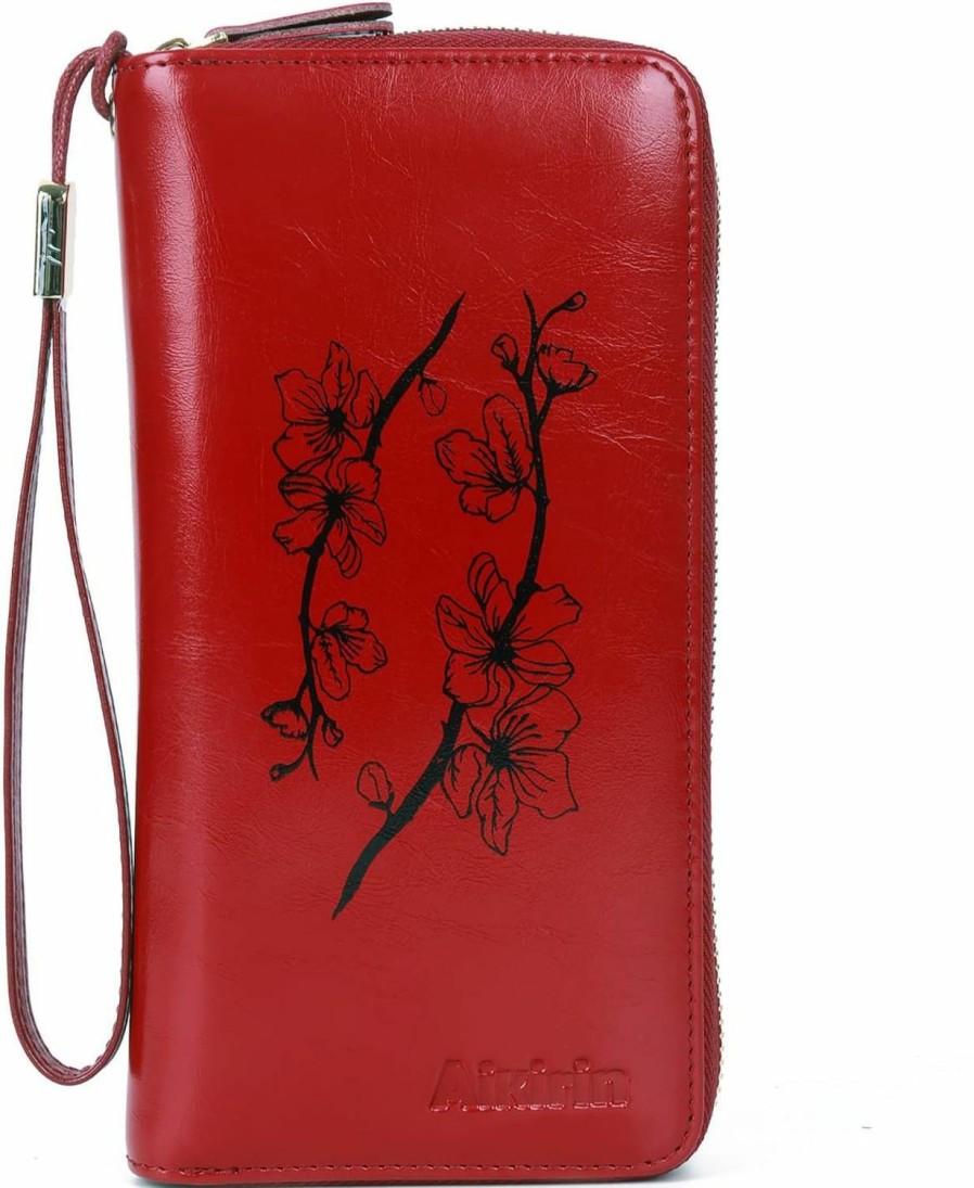 Aikirin Wallets | Aikirin Women Painting Wallet Genuine Leather Rfid Large Capacity Zipper Lady Clutch Cards Holder Phone Bags (Red-Rose)