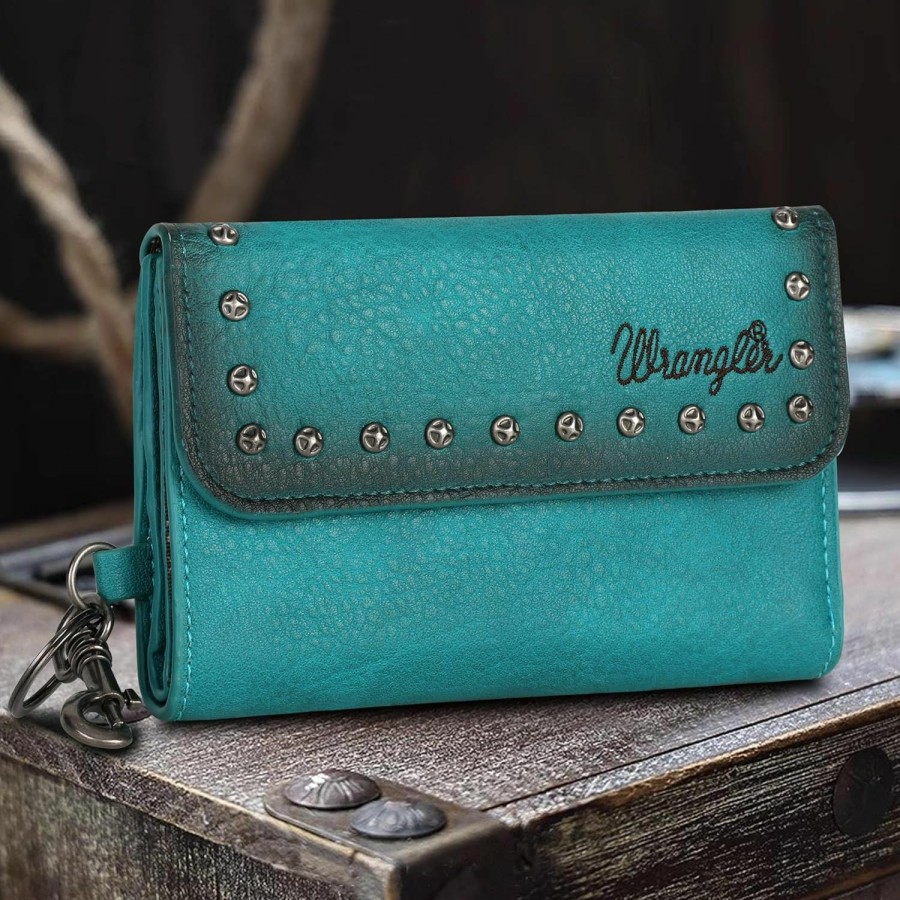 Wrangler Wallets | Wrangler Wallet For Women Slim Trifold Studded Accents Key Chain Wallet Vegan Leather Wg64-W001Tq