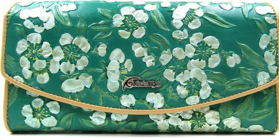 ArtsEye Wallets | Artseye Peach Blossom Embossed Genuine Leather Trifold Wallet (Green)