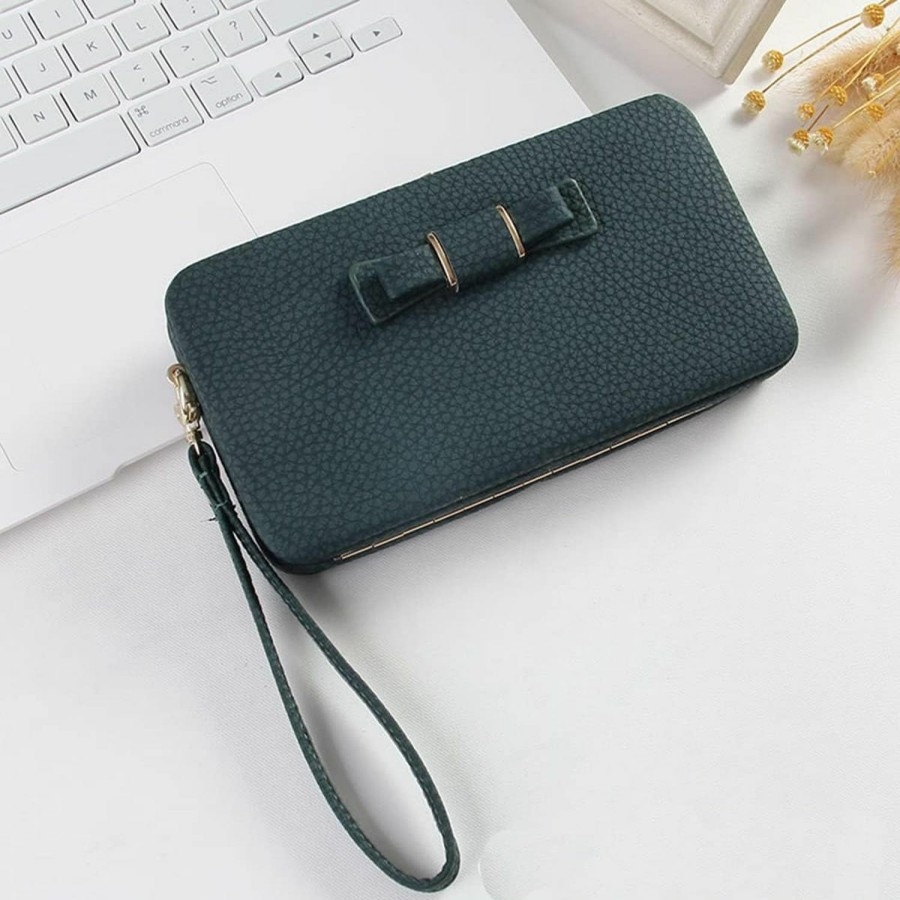 Achieer Wallets | Achieer Women Bowknot Wallet Long Purse Phone Card Holder Clutch Large Capacity Pocket (Blackish Green)