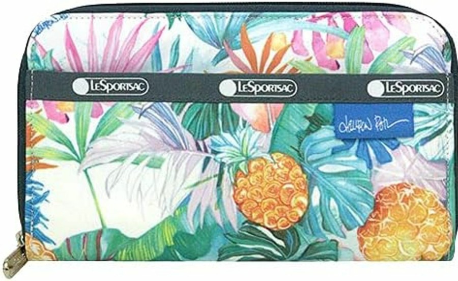 LeSportsac Wallets | Lesportsac Lauren Roth Uluwehi Hawaii Exclusive Lily Wallet, Style 6506/Color K605, Vibrant Tropical Flowers, Palm Fronds & Pineapples, Lauren Roth Signature Printed On Pattern & Logo Tag