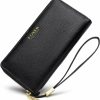 FOXER Wallets | Foxer Leather Zip Around Wallets For Women, Genuine Leather Rfid Blocking Gift Box Packing 17 Card Slots Ladies Long Purses With Zipper Coin Pocket Women'S Clutch Wallets With Wristband (Black)