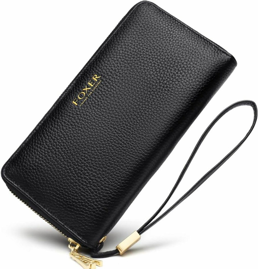 FOXER Wallets | Foxer Leather Zip Around Wallets For Women, Genuine Leather Rfid Blocking Gift Box Packing 17 Card Slots Ladies Long Purses With Zipper Coin Pocket Women'S Clutch Wallets With Wristband (Black)