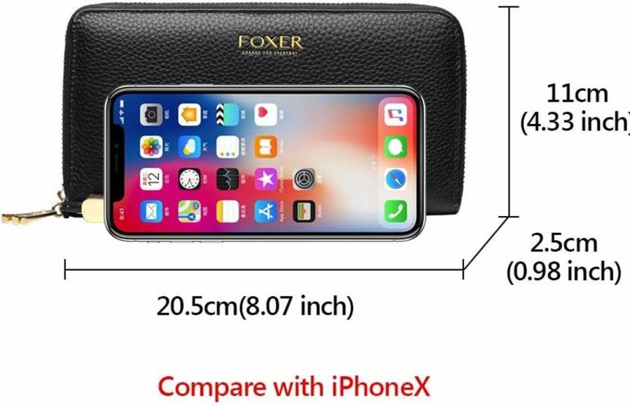 FOXER Wallets | Foxer Leather Zip Around Wallets For Women, Genuine Leather Rfid Blocking Gift Box Packing 17 Card Slots Ladies Long Purses With Zipper Coin Pocket Women'S Clutch Wallets With Wristband (Black)