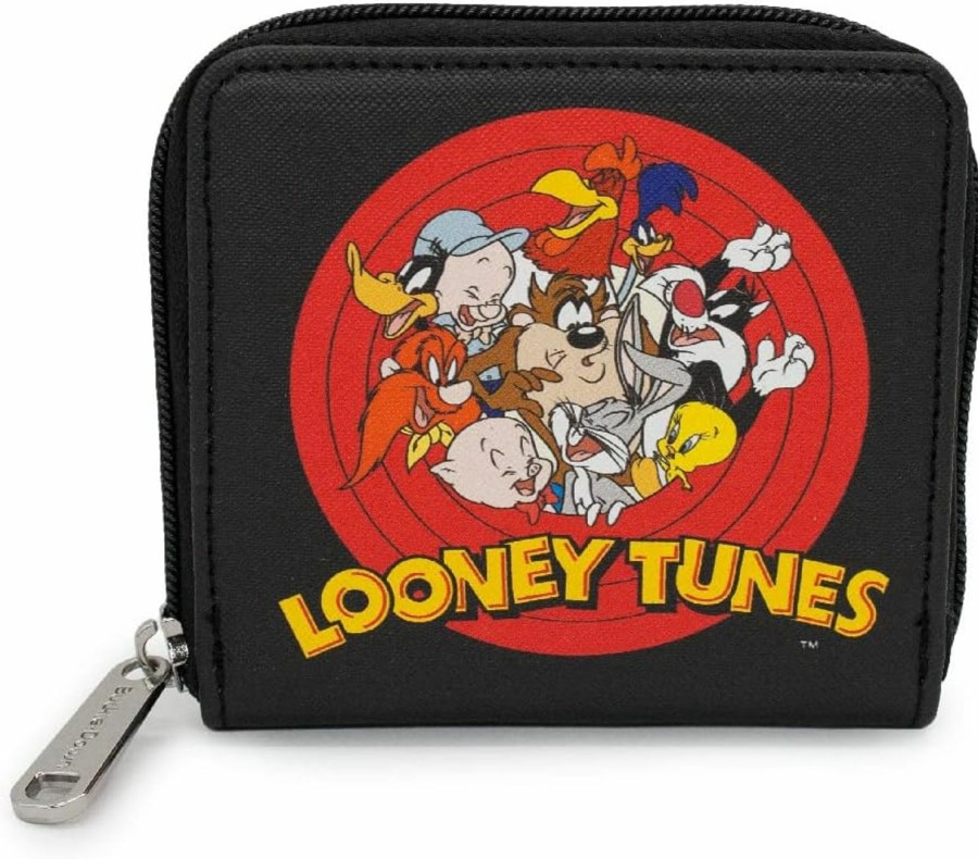 Buckle-Down Wallets | Buckle Down Looney Tunes Wallet, Square Zip Around, 10 Character Bullseye Logo, Black, Vegan Leather