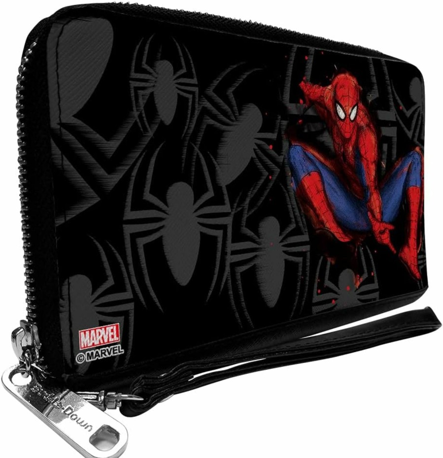 Buckle-Down Wallets | Marvel Comics Wallet, Zip Around, Spider Man Jumping Pose Sketch Scattered Spiders Black, Vegan Leather