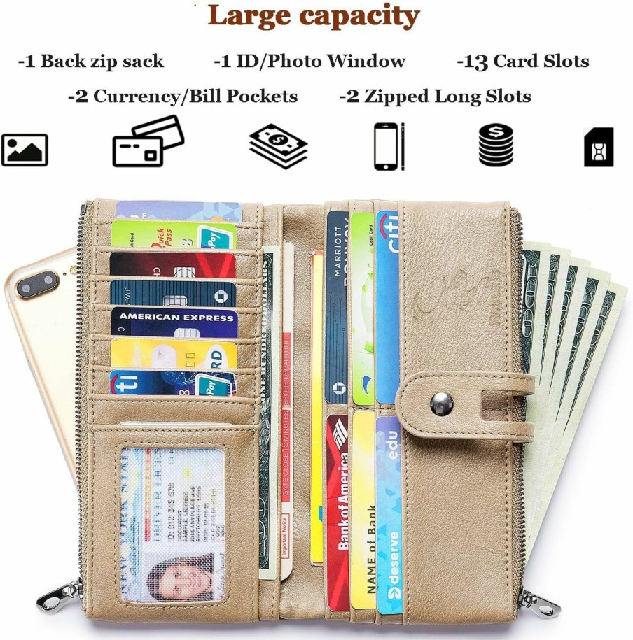 Roulens Wallets | Roulens Wallet For Women Large Capacity Genuine Leather Bifold Rfid Blocking Card Holder Clutch Wallet With Zipper Pocket