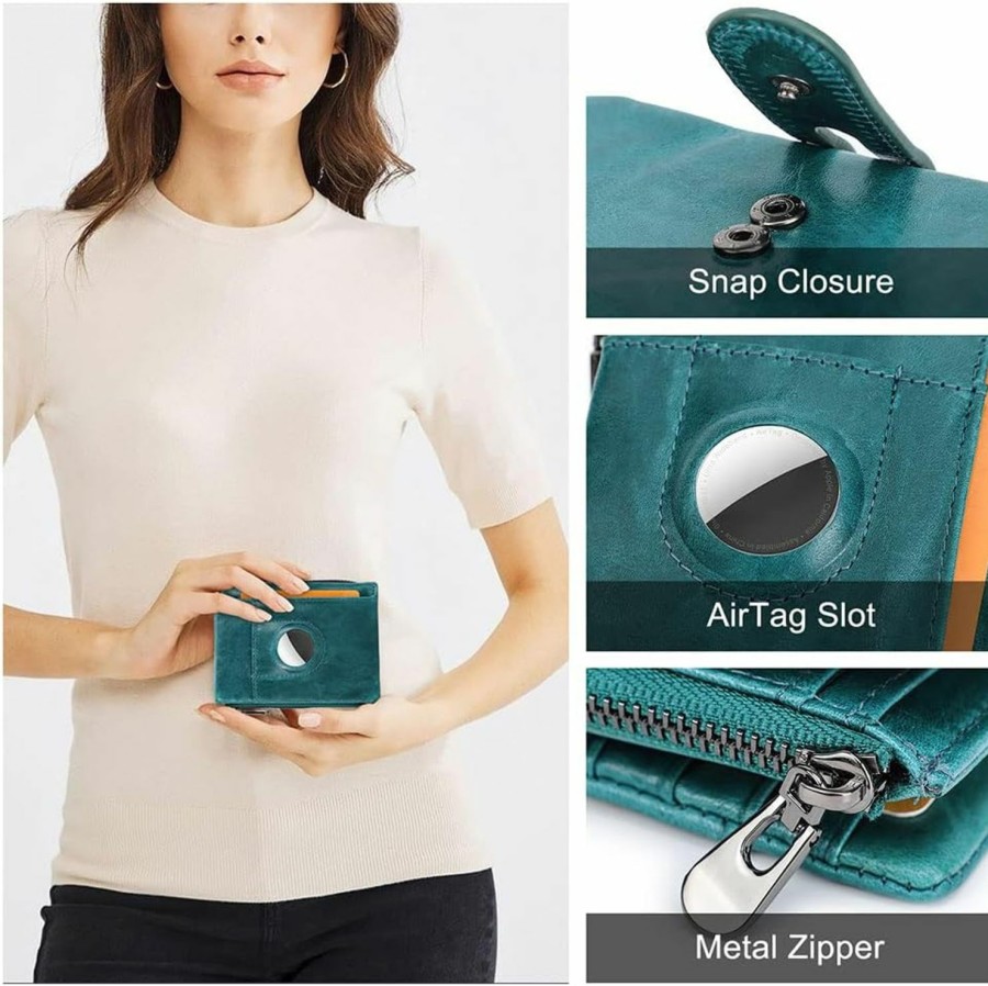 Contacts Wallets | Contacts Womens Bifold Wallet Leather, Airtag Minimalist Leather Purse For Women Small Coin Card Zipper Pocket With Rfid Blocking (Peacock Blue)