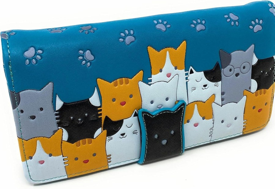 Shag Wear Wallets | Shag Wear Kitty Cat Crowd Large Wallet For Women Teal 7\"