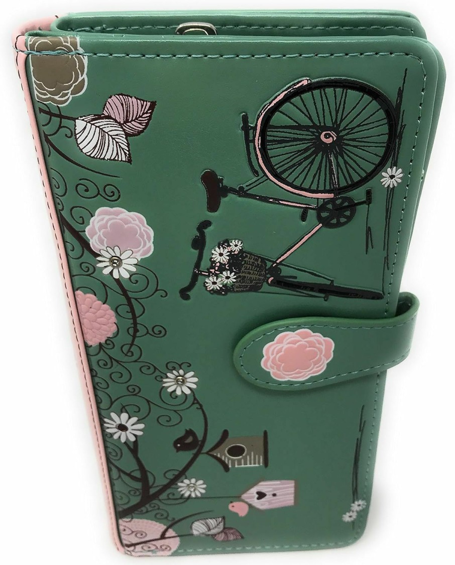 Shag Wear Wallets | Shag Wear Vintage Postcard Floral Bicycle Large Wallet For Women And Teen Girls Vegan Faux Leather Teal 7\"