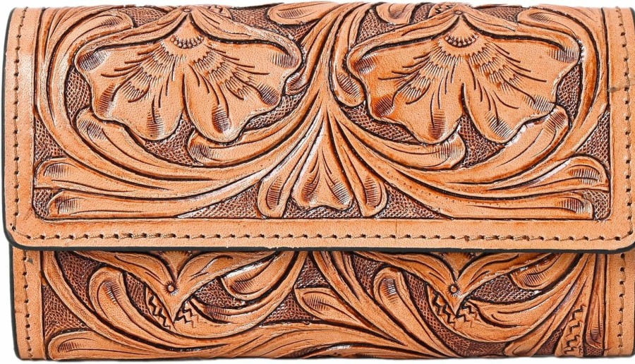 Merbaa Wallets | Merbaa Hantooled Leather Wallet Rfid Blocking, Trifold Ladies Purse, Flower Handtooled And Carved Long Clutch, 1 Back Zip Pocket, Wallet For Women(Brown)