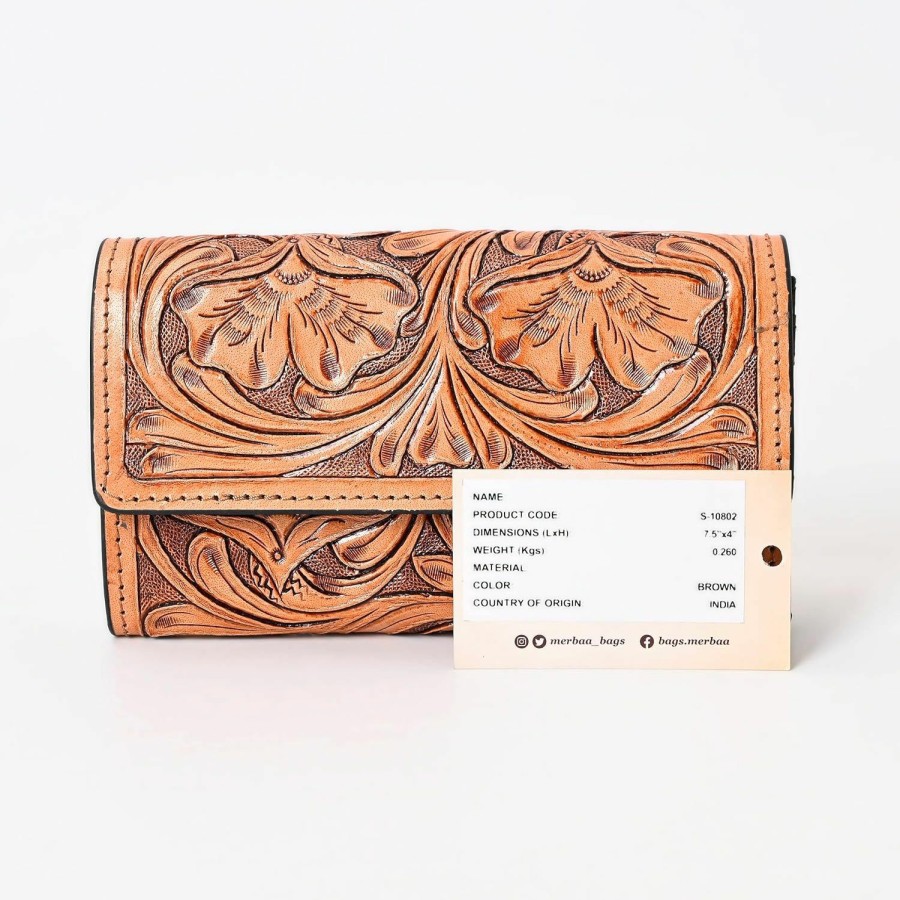 Merbaa Wallets | Merbaa Hantooled Leather Wallet Rfid Blocking, Trifold Ladies Purse, Flower Handtooled And Carved Long Clutch, 1 Back Zip Pocket, Wallet For Women(Brown)