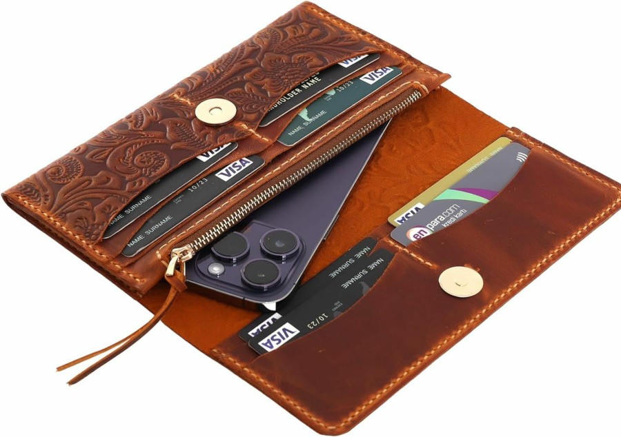 Toros Craft Wallets | Toros Craft Handmade Western Wallets For Women, Genuine Tooled Leather & Long Credit Card Holder, Cowhide Slim Cell Phone Case, Large Capacity, Cute Clutch & Purse & Handbag