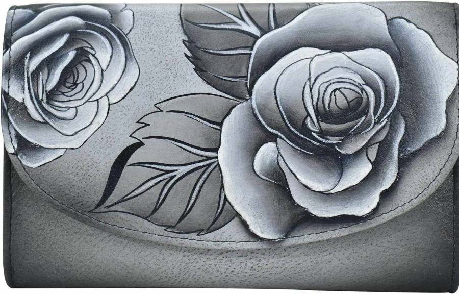 Anna by Anuschka Wallets | Anna By Anuschka Women'S Ladies Tri Geniune Leather Hand Painted Large Three Fold Checkbook Clutch Wallet-Romantic Rose Black