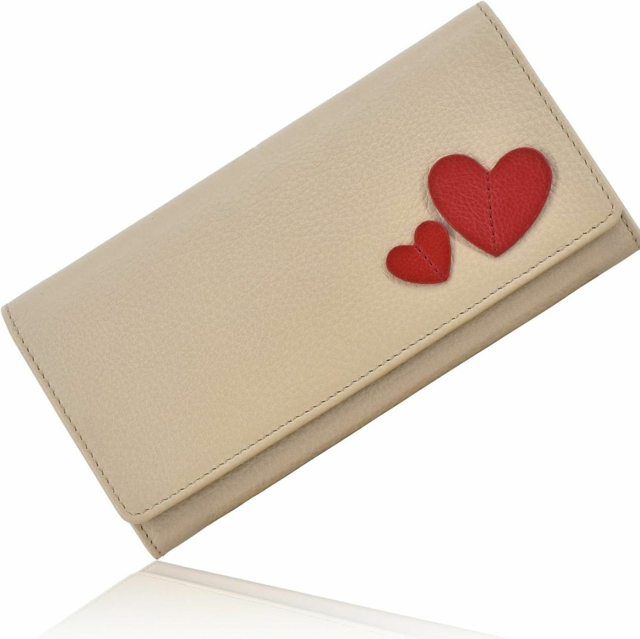 SKYLE Wallets | Skyle Soft Genuine Leather Clutch Purse For Women (Beige), Rfid Protected 18 Card Slots, 1 Id Window, Large Capacity Cash Pocket, Red Heart Embossed Cute Wallet, Durable Stitching, Gift For Her