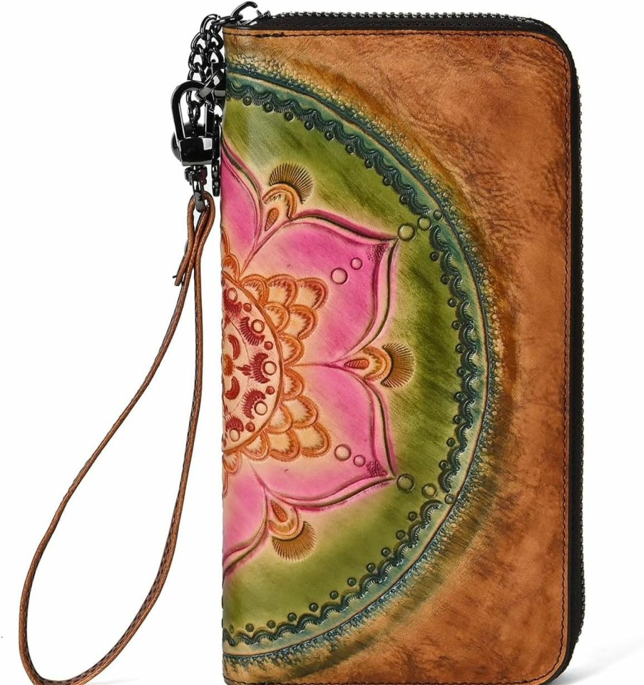 AEGGEAI Wallets | Aeggeai Genuine Leather Women'S Wallet Flower Pattern Wristlet Long Wallet Card Holder (Brown)