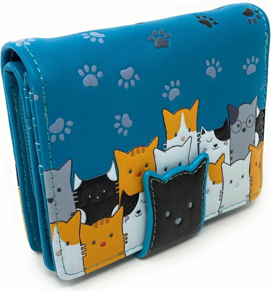 Shag Wear Wallets | Shag Wear Kitty Cat Crowd Chic Small Animal Wallet Vegan Faux Leather Teal 4.5\"