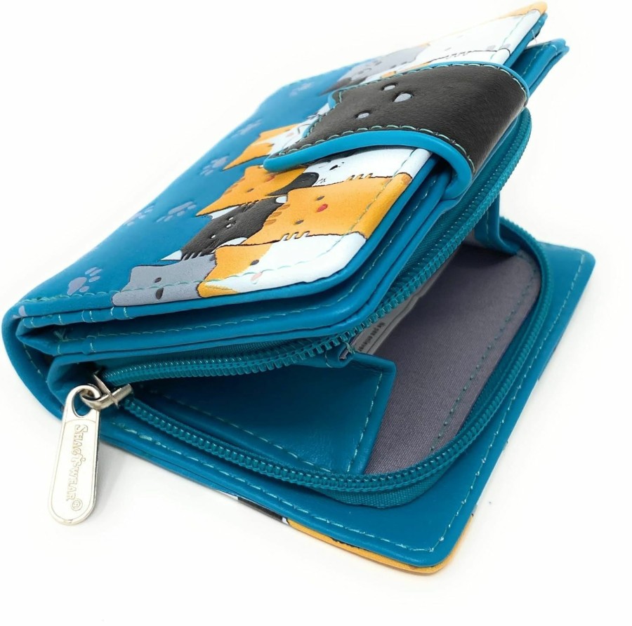 Shag Wear Wallets | Shag Wear Kitty Cat Crowd Chic Small Animal Wallet Vegan Faux Leather Teal 4.5\"