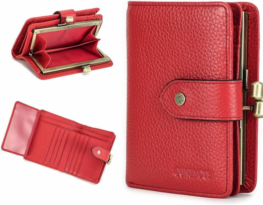 Contacts Wallets | Contact'S Womens Kiss Lock Wallet Small Leather Kiss Clasp Coin Purse Card Holder Bifold Rfid Wallet For Women With Photo Window (Red)