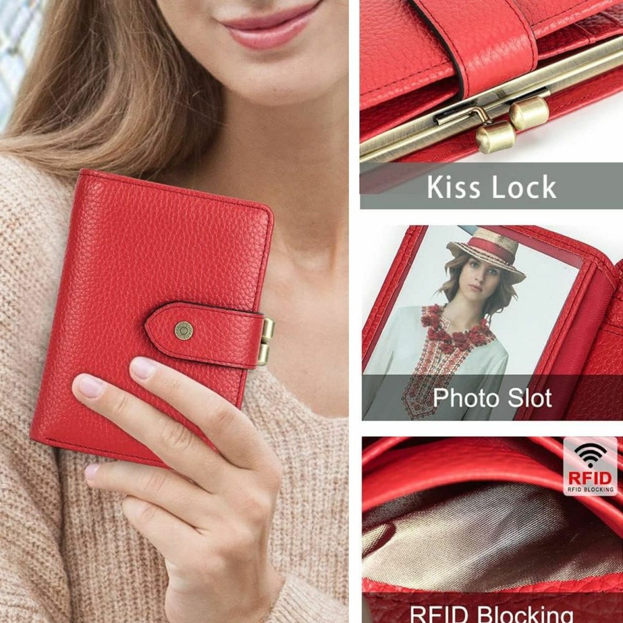 Contacts Wallets | Contact'S Womens Kiss Lock Wallet Small Leather Kiss Clasp Coin Purse Card Holder Bifold Rfid Wallet For Women With Photo Window (Red)