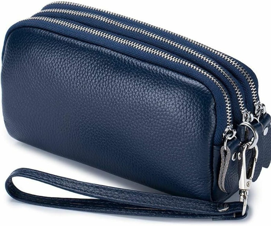 NIGEDU Wallets | Nigedu Women Long Wallet Genuine Leather 3-Layer Zipper Purse Bag Phone Bag Money Purses Clutch Wallets With Wrist Strap (Black)